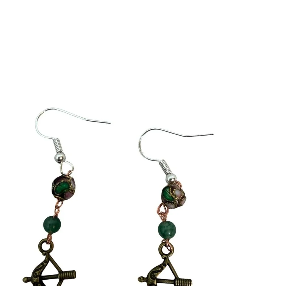 Bow and Arrow Cloisonne Agate Dangle Earrings Green Beaded Drop Earrings